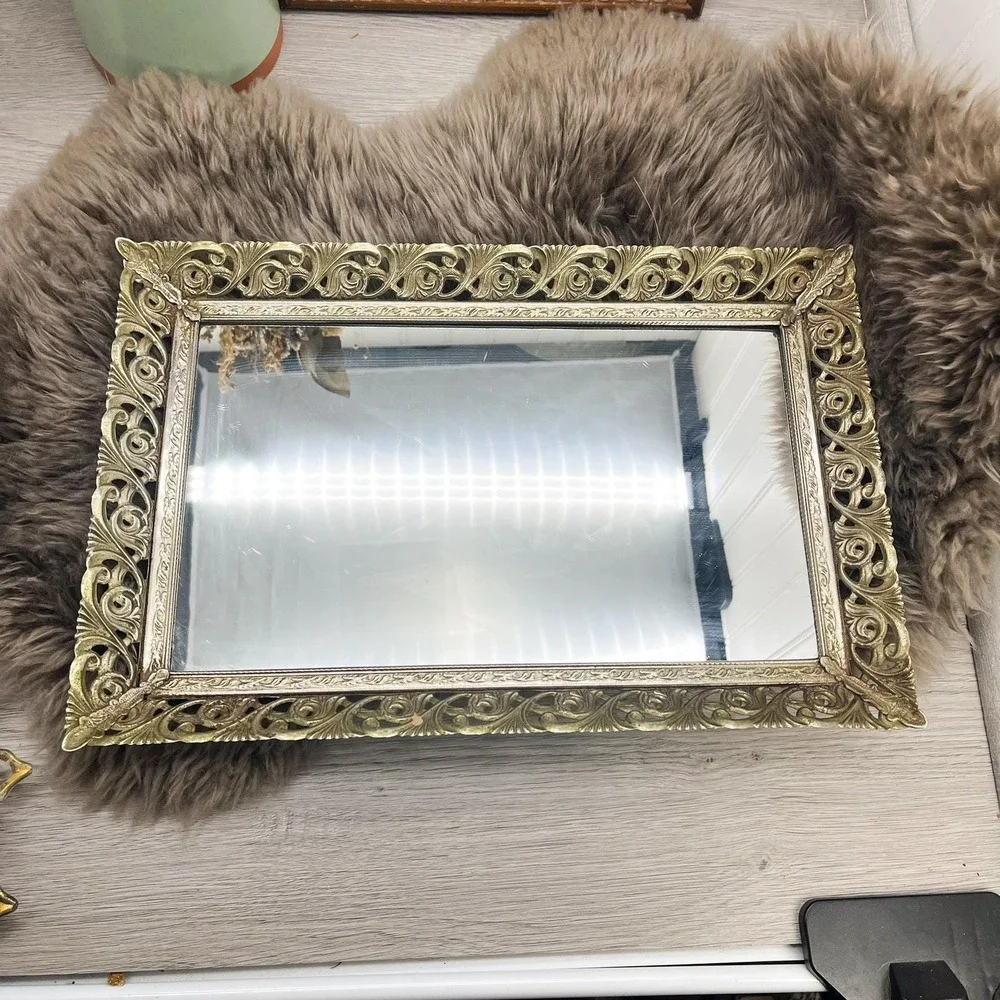 Vintage Ornate Filigree Mirror Tray: Hollywood Regency‎ Vanity Decor (10x15)